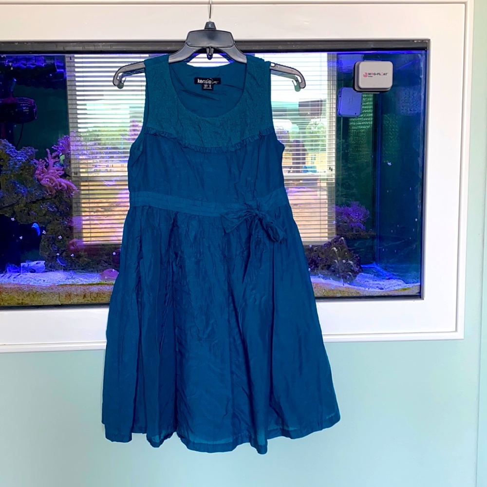 Dark teal, lace top dress.
